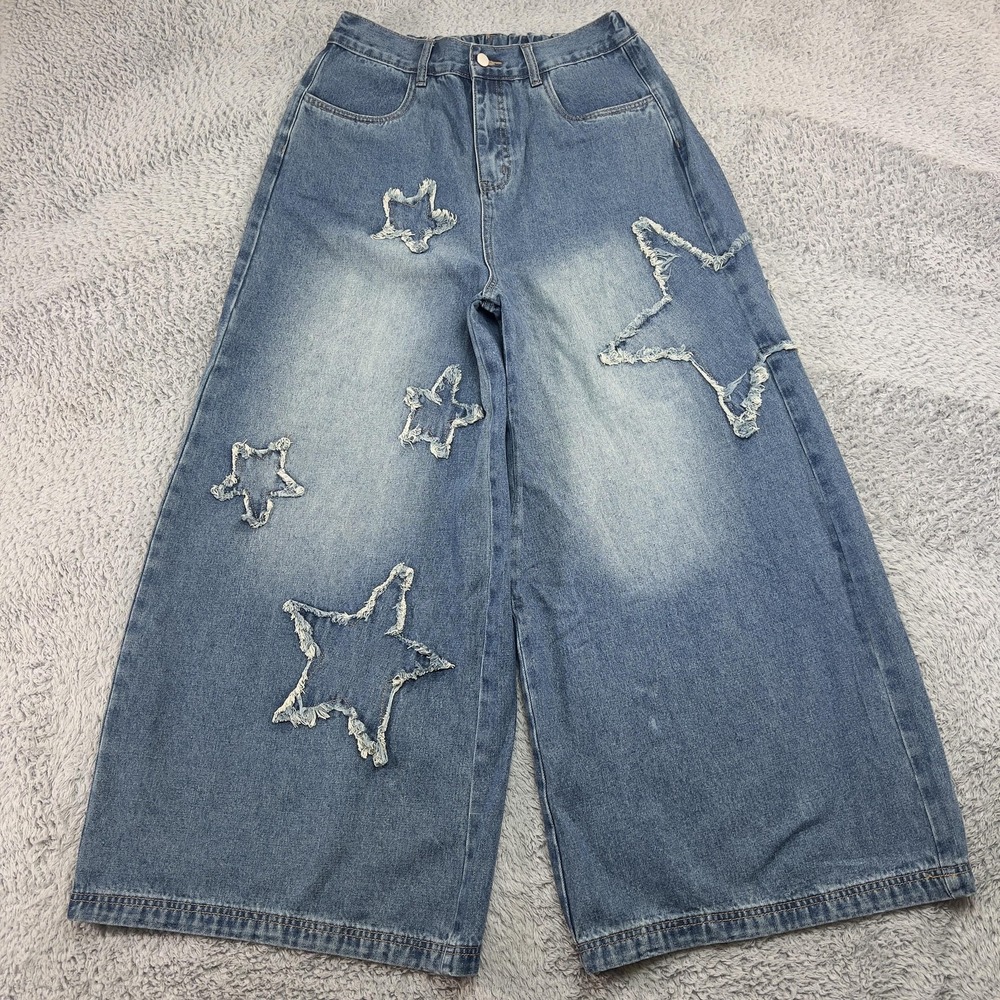 Sage + Fig NWT Star Patch Wide Leg Jeans Women's Large Blue Denim Y2K Streetwear